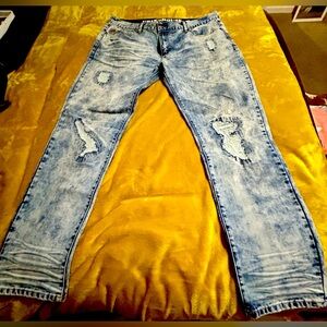Grindhouse blue distressed jeans with worn look. Size 40x32